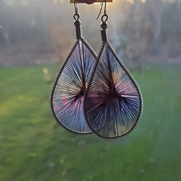 Large Teardrop Dangling Multicolor String Wrapped Earrings - Picture 6 of 14